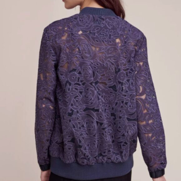 Anthropologie Elevenses Navy Blue Sheer Lace Bomber Jacket Cottagecore - Picture 3 of 11